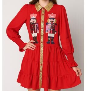 Red Sequin Nutcracker Dress Gold Collar Holiday Party Statement